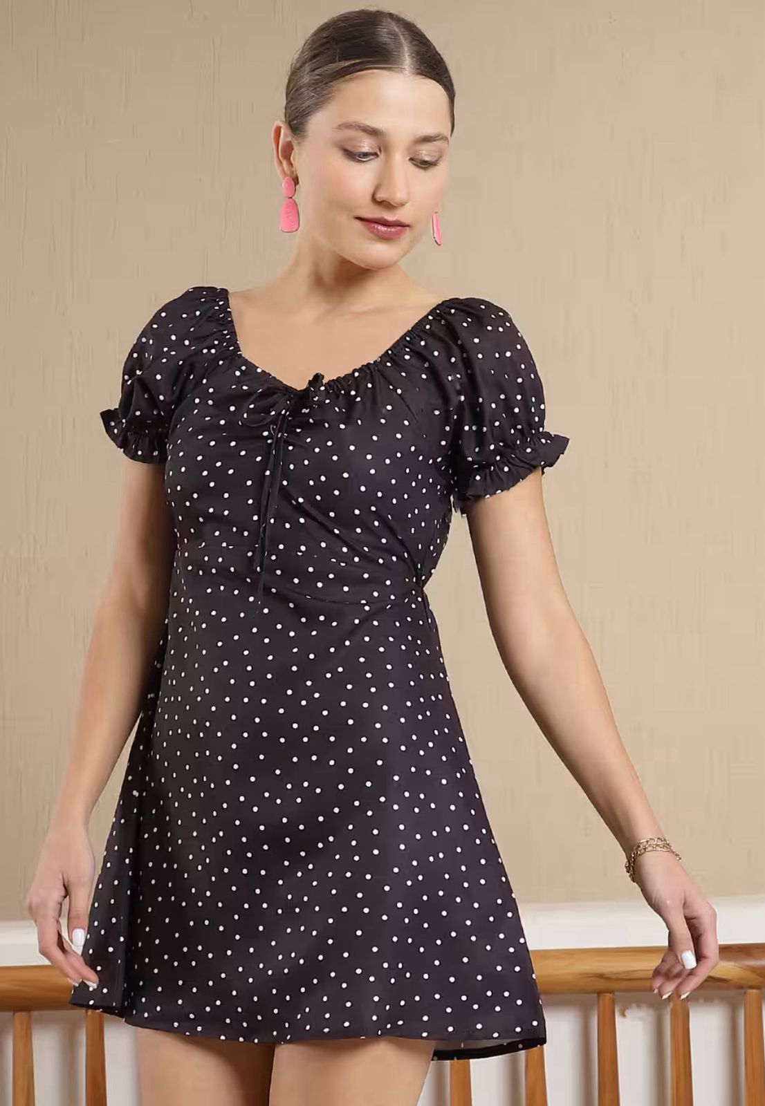 Puff Sleeves Ruched Back A-Line Dress With Front Tie - Up