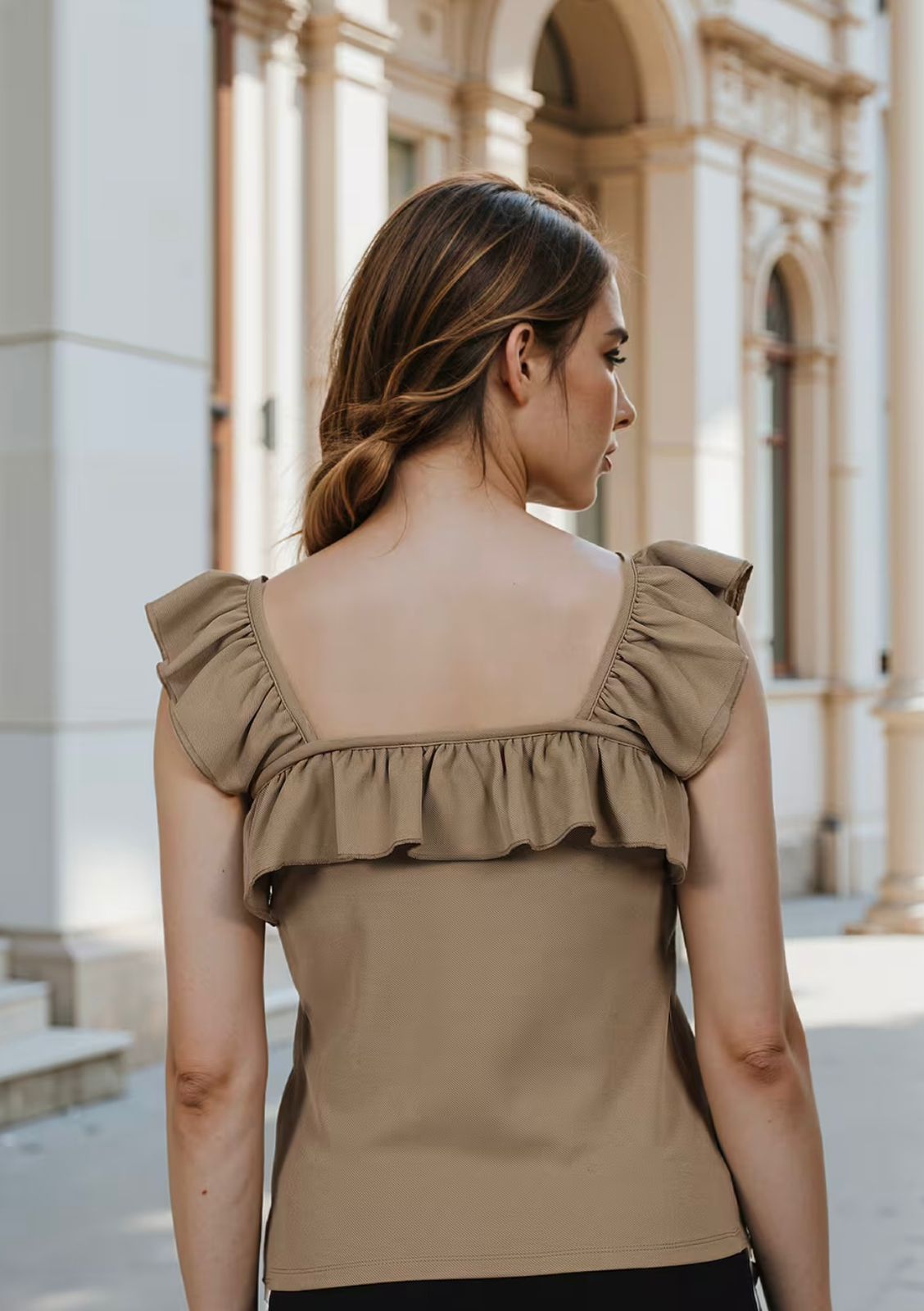 Square Neck Cap Sleeves Ruffled Fitted Short Top