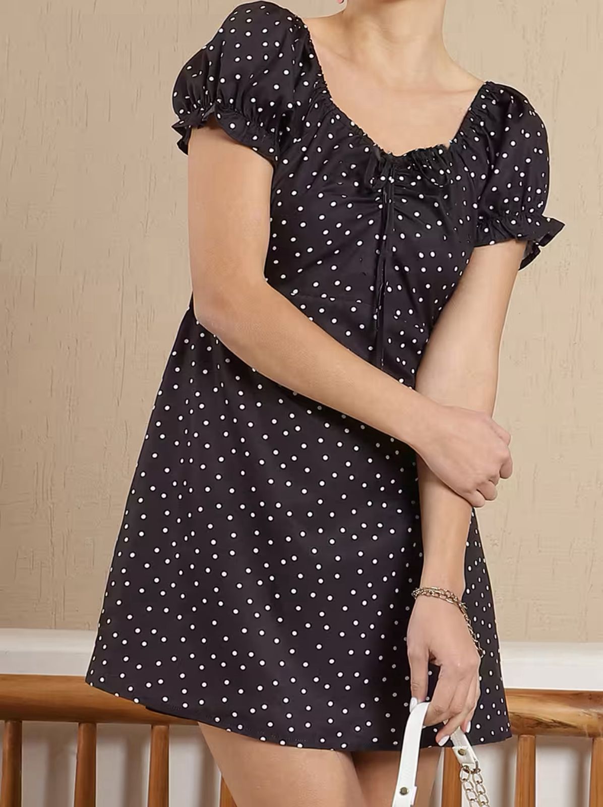 Puff Sleeves Ruched Back A-Line Dress With Front Tie - Up