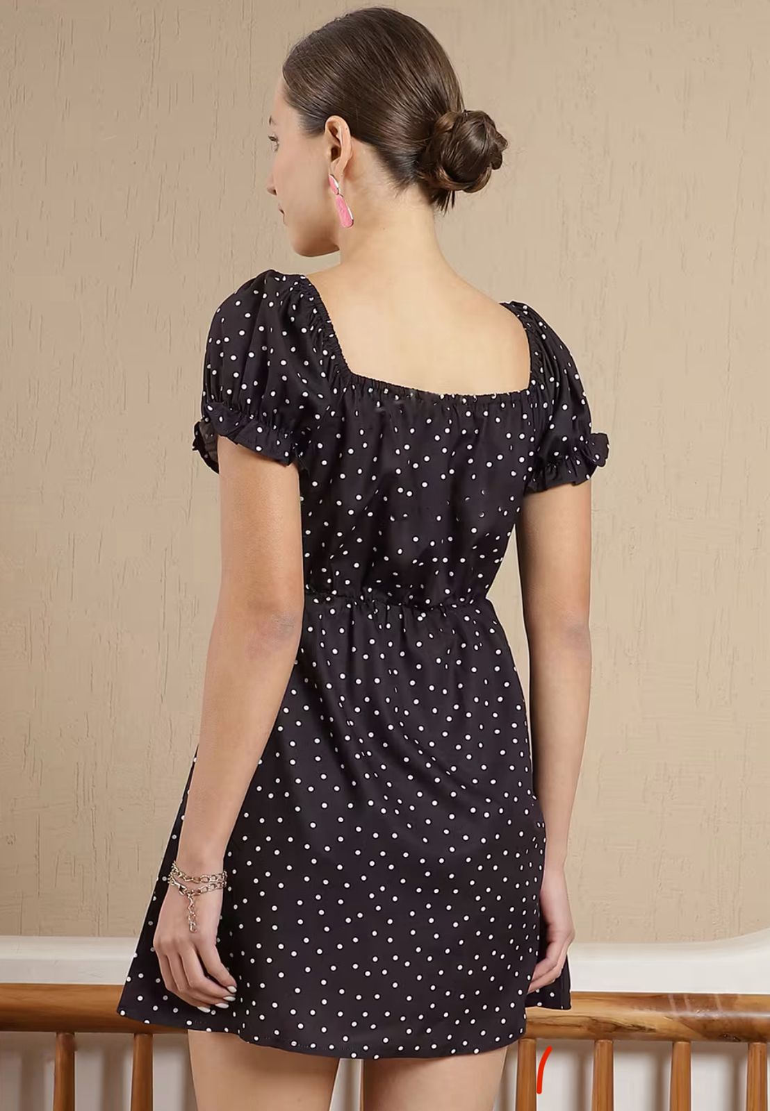 Puff Sleeves Ruched Back A-Line Dress With Front Tie - Up