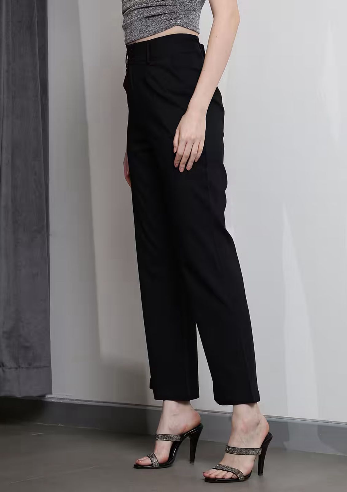 Ankle Length High Rise Pleated Straight Fit Trousers