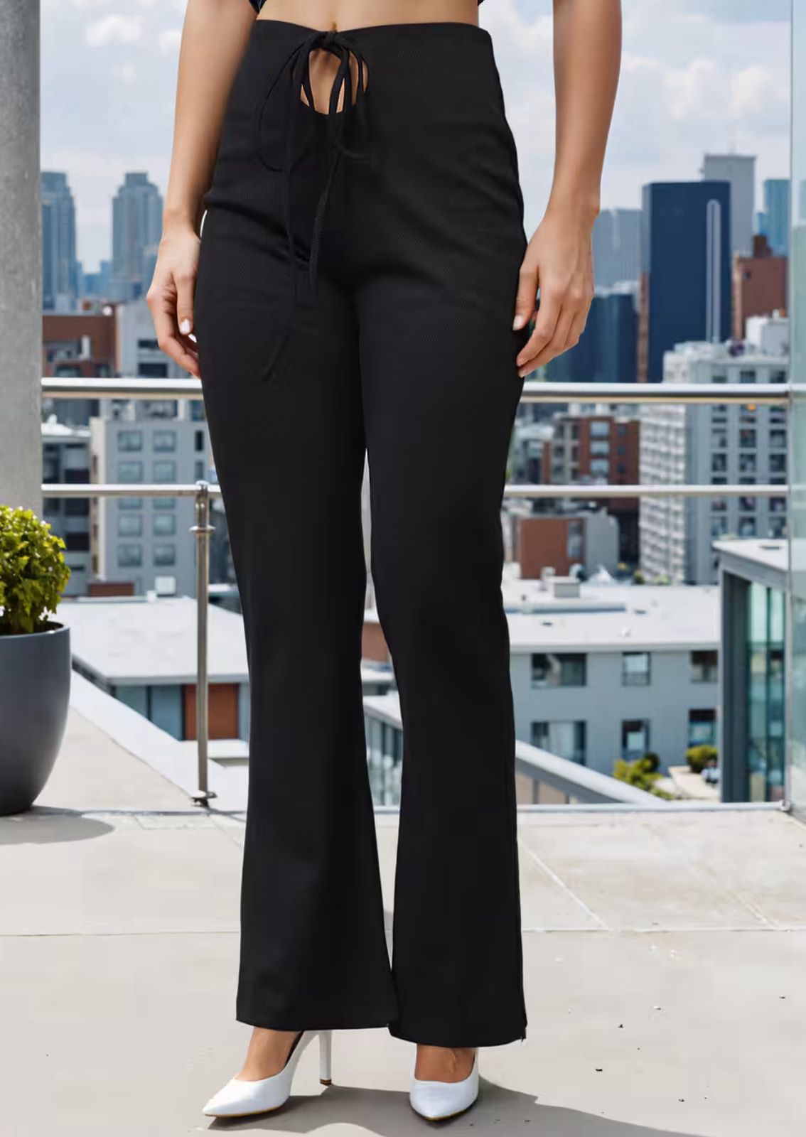 Cut-Out Drawstring Waist Textured Boot Fit Pants