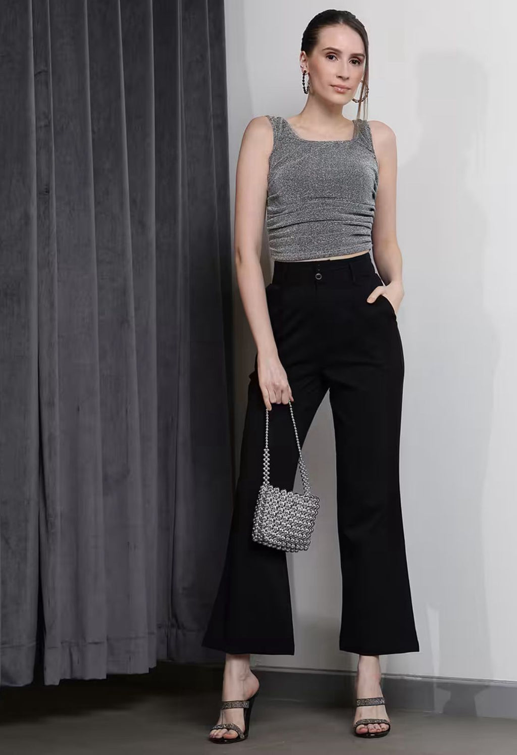 Ankle Length High Rise Pleated Straight Fit Trousers