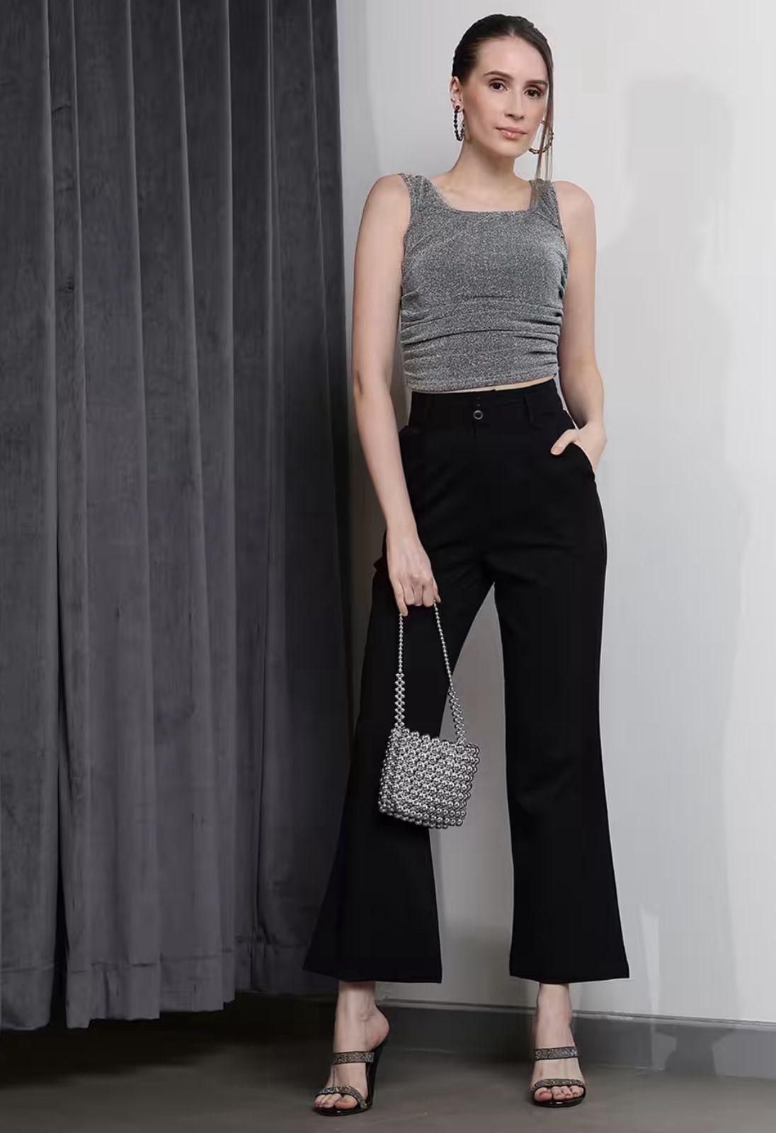 Ankle Length High Rise Pleated Straight Fit Trousers