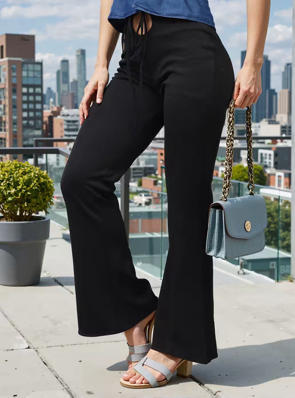 Cut-Out Drawstring Waist Textured Boot Fit Pants