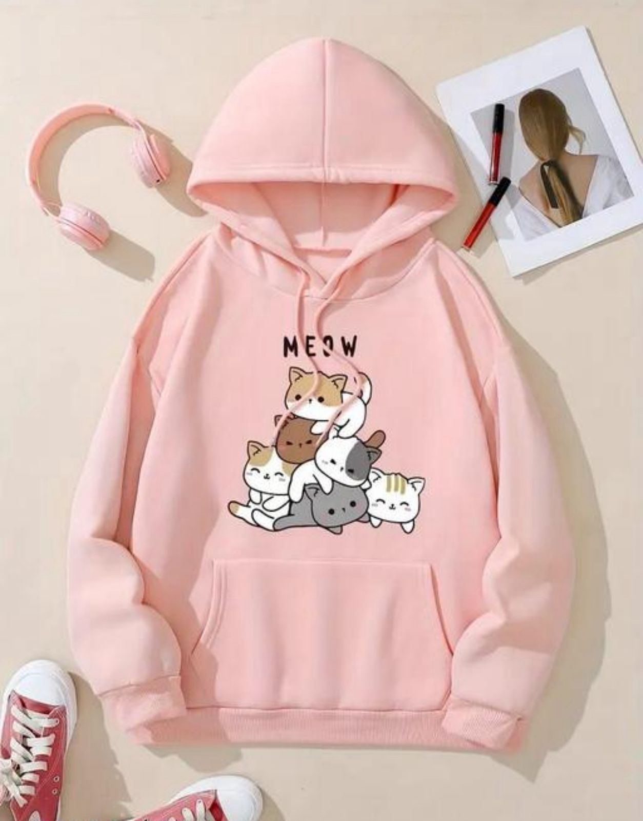 Cute Pink / Black " Printed " Hoodie For Women / Girls