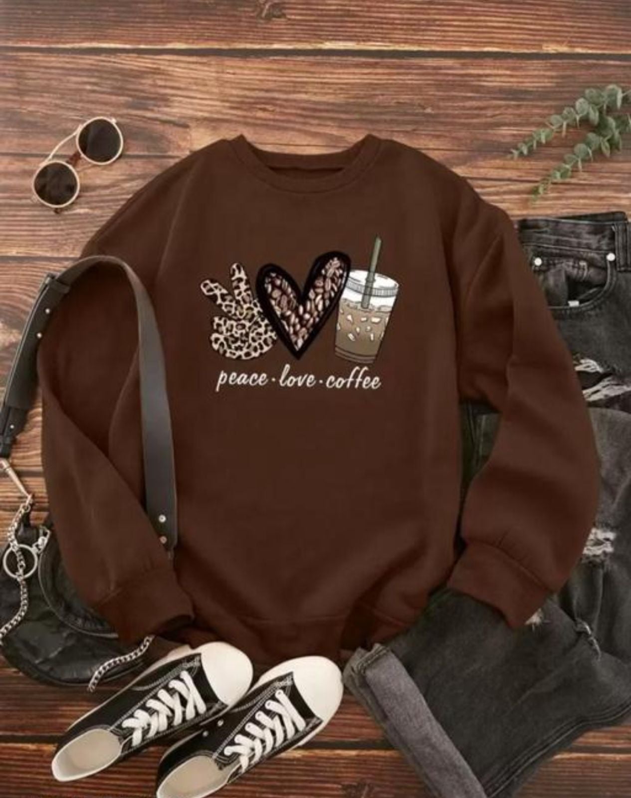 Peace Love Coffee Printed Oversized Sweatshirts For Women