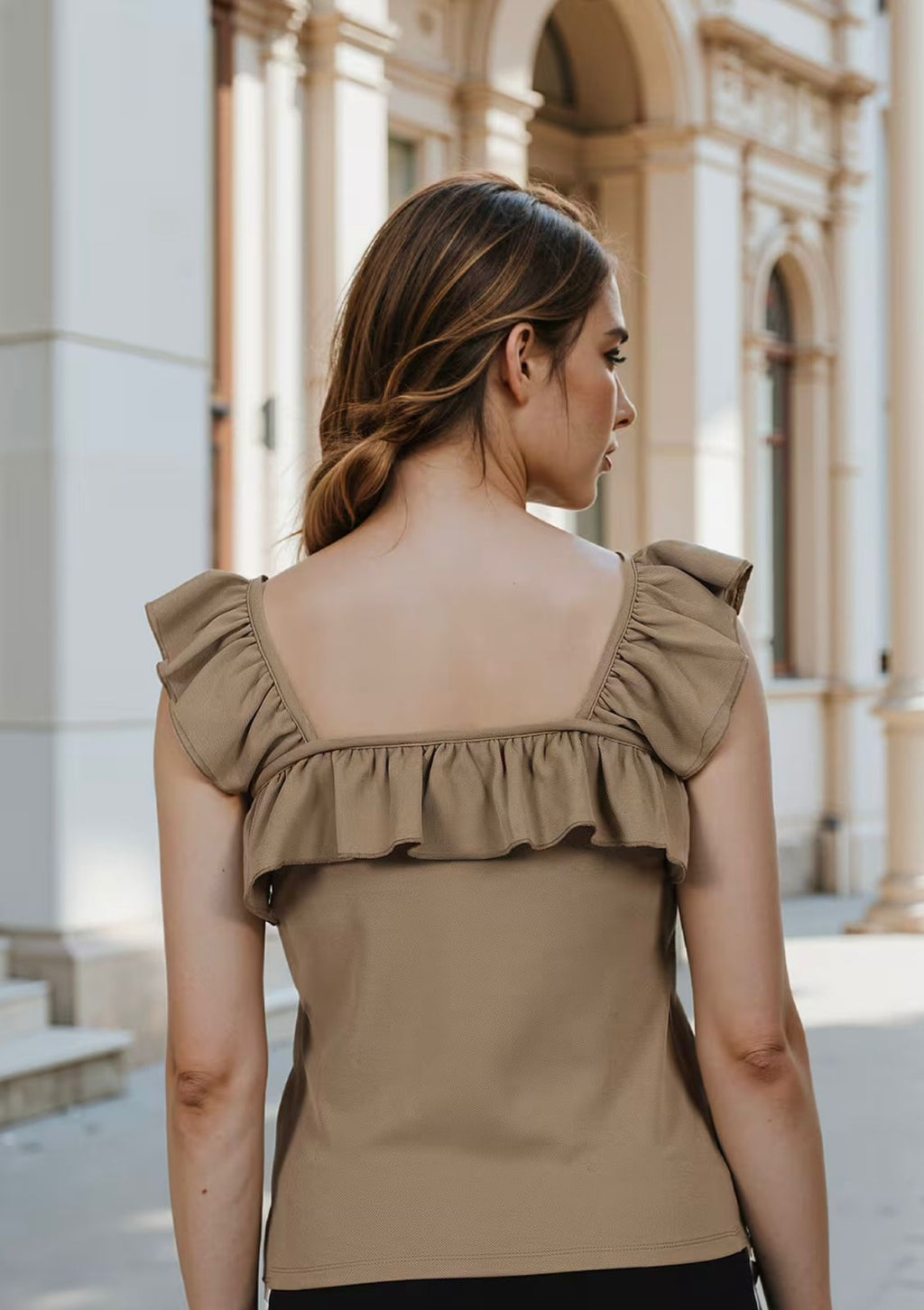 Square Neck Cap Sleeves Ruffled Fitted Short Top