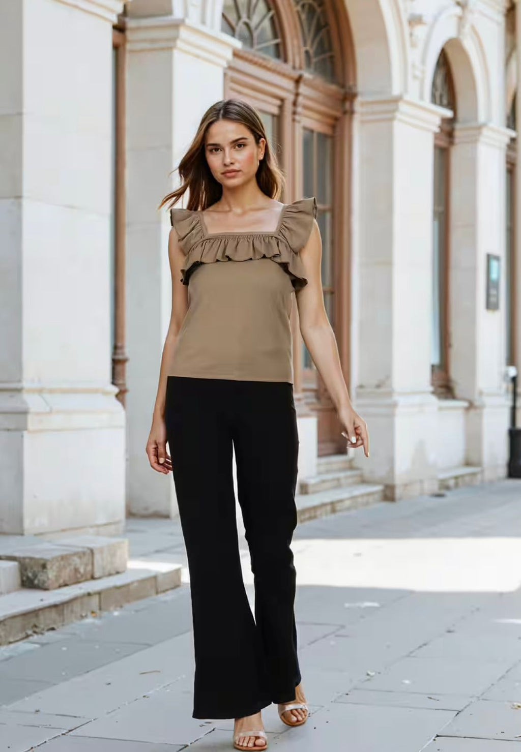 Square Neck Cap Sleeves Ruffled Fitted Short Top