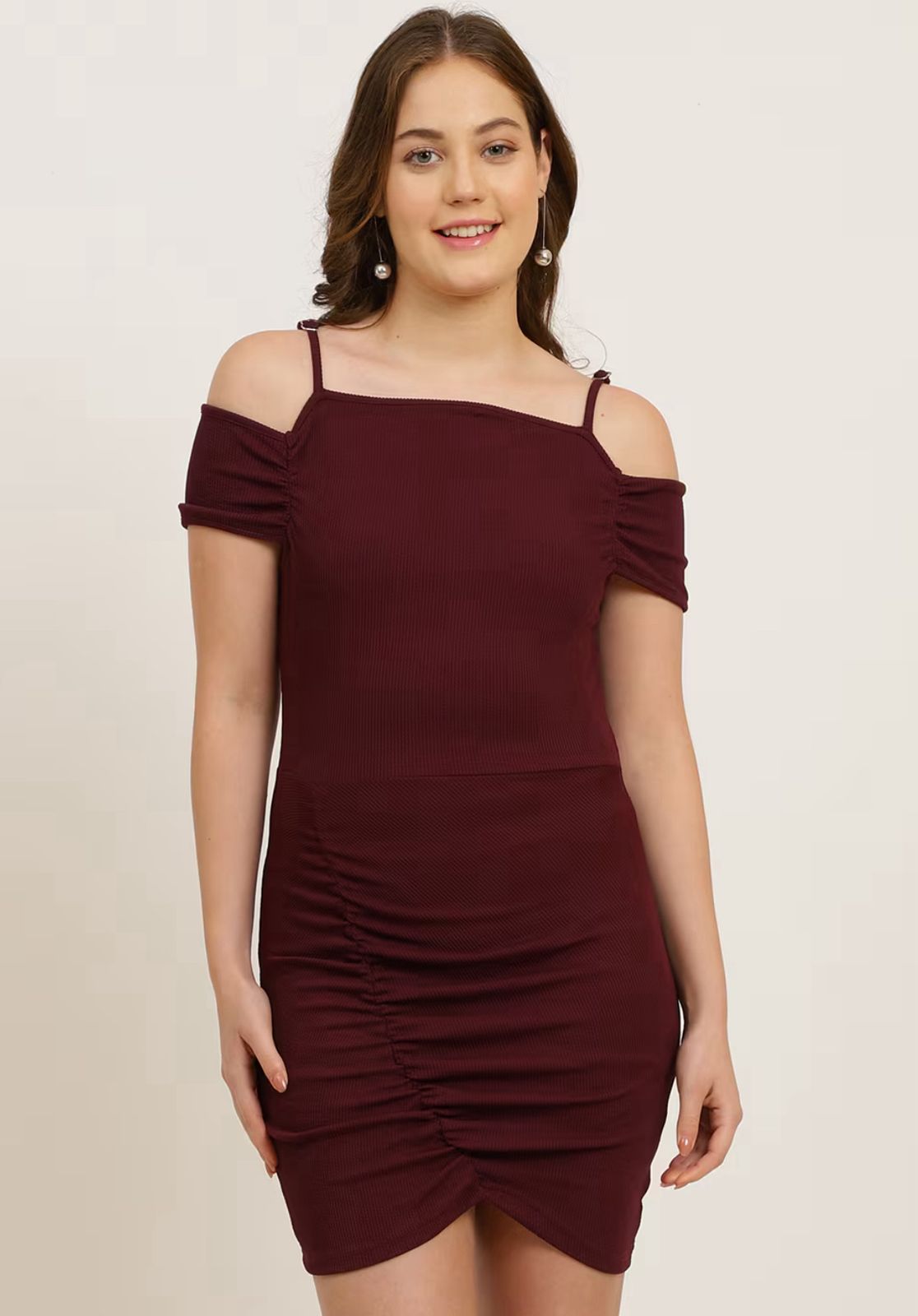 Cold Shoulder Ribbed Mini Ruched Bodycon Dress