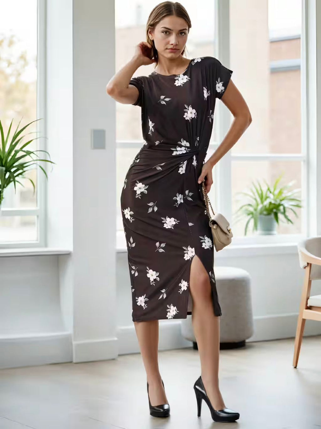 Extended Sleeves Slit Hem Twist Knot Waist Bodycon Dress