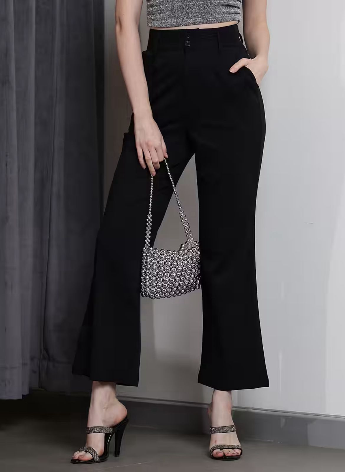Ankle Length High Rise Pleated Straight Fit Trousers
