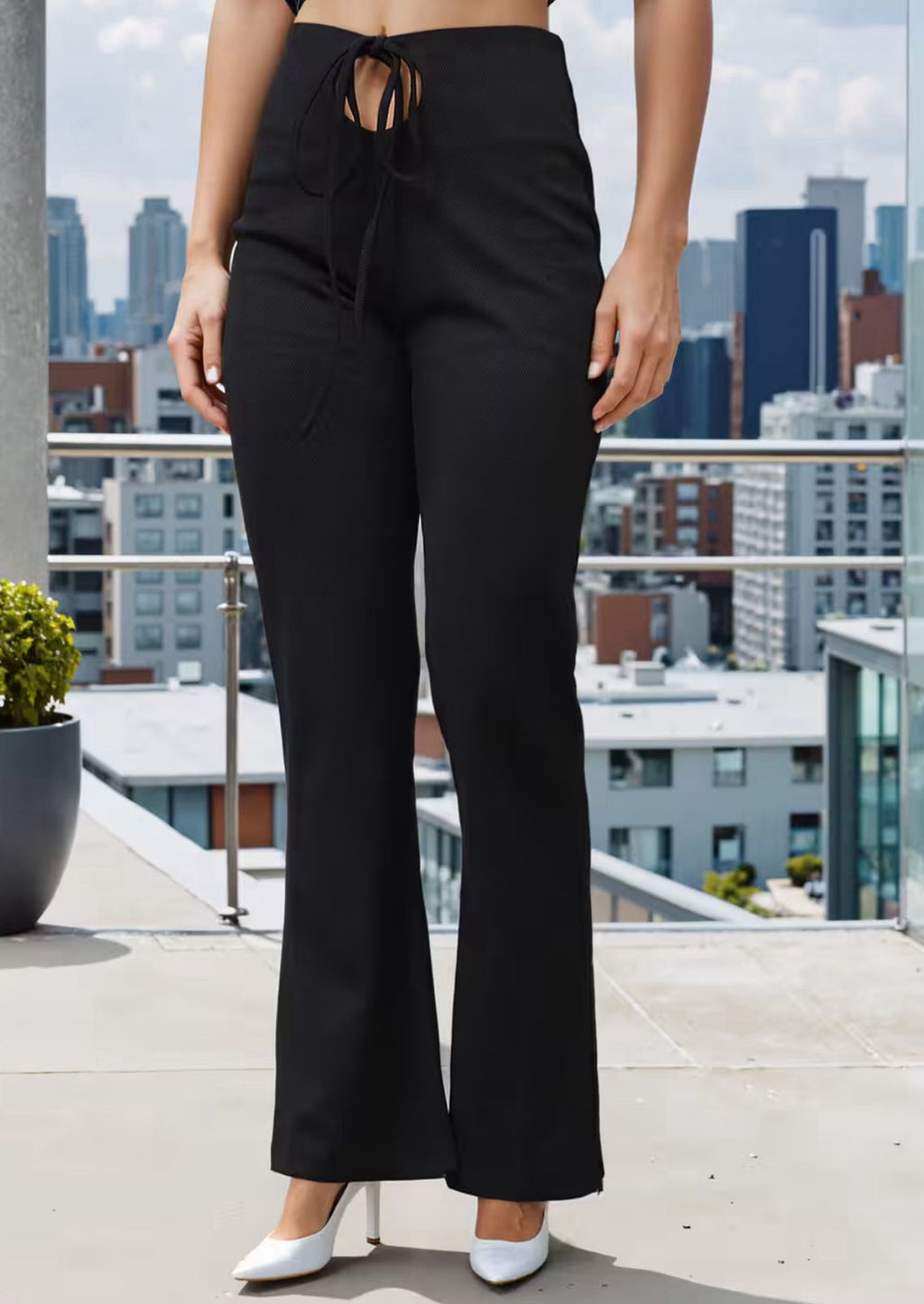 Cut-Out Drawstring Waist Textured Boot Fit Pants