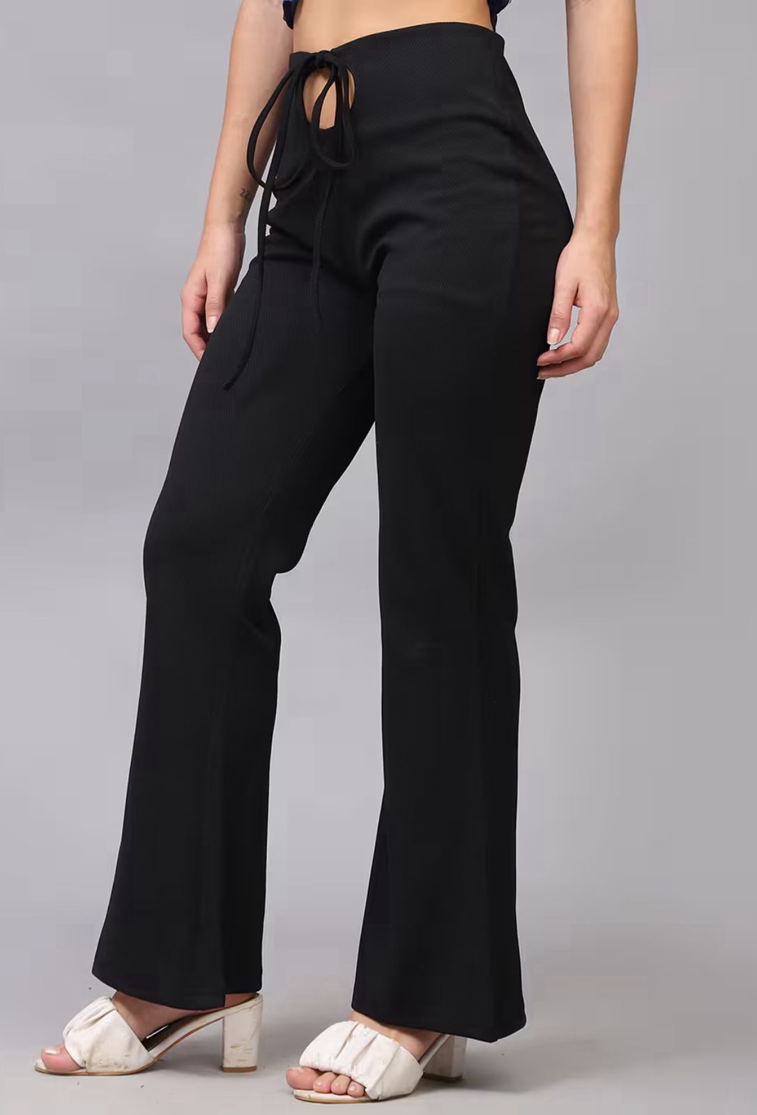 Cut-Out Drawstring Waist Textured Boot Fit Pants