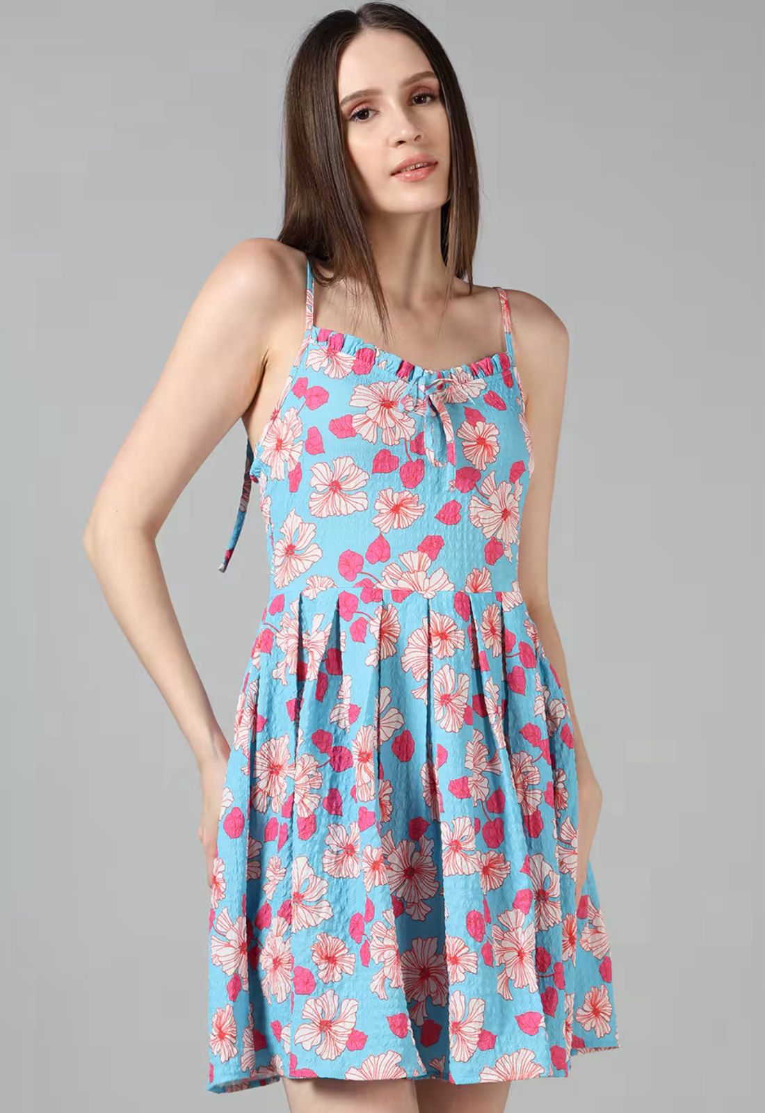 Cute Spaghetti Strap Floral Print Fit And Flare Dress